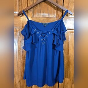 Express Lace Up Front Ruffle Detail Sleeveless Flowy Boho Blouse Blue Sz S